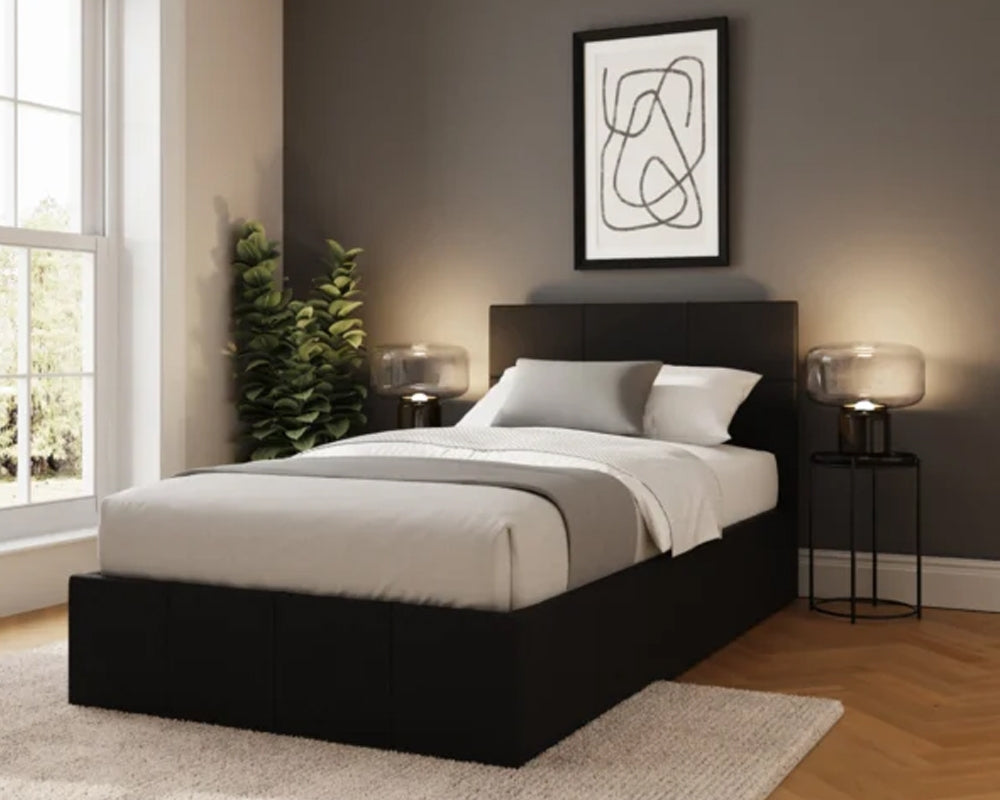 Side Lift Ottoman Storage Single Bed Frame In Black Faux Leather