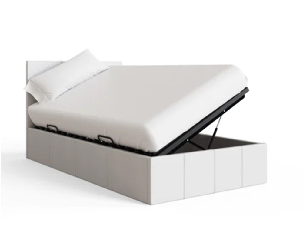 Side Lift Ottoman Storage Single Bed Frame In White Faux Leather