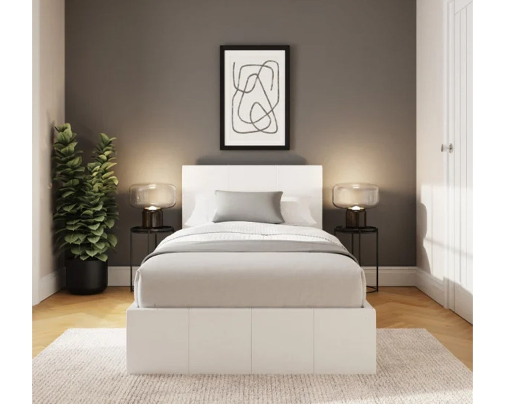 Side Lift Ottoman Storage Single Bed Frame In White Faux Leather