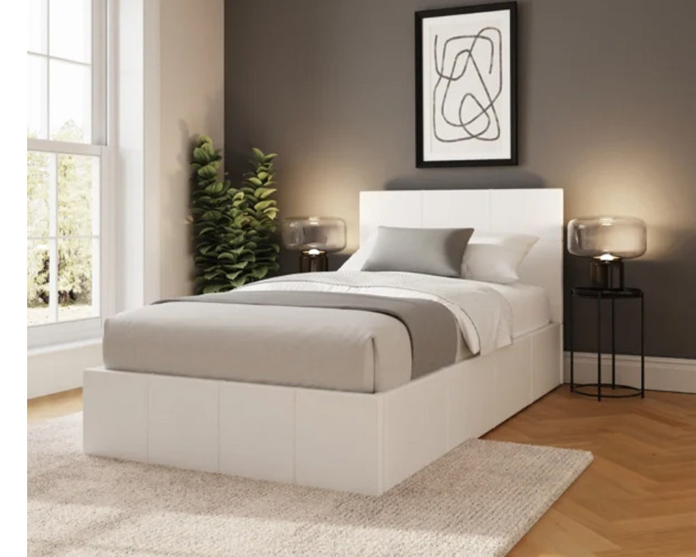 Side Lift Ottoman Storage Single Bed Frame In White Faux Leather