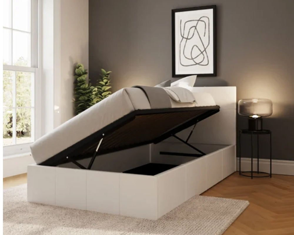 Side Lift Ottoman Storage Single Bed Frame In White Faux Leather