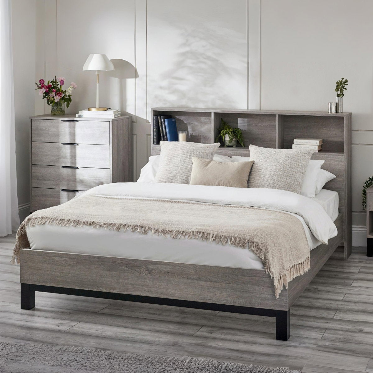 Albi Grey Oak Double Bookcase Bed Frame in a bedroom