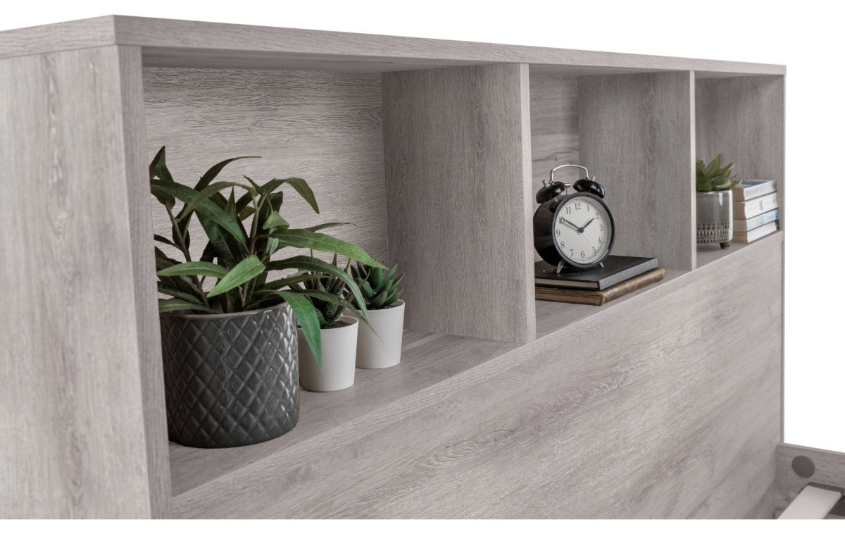 Albi Grey Oak King Size Bookcase Bed Frame side view