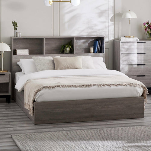 Albi Grey Oak King Size Ottoman Bed in a bedroom