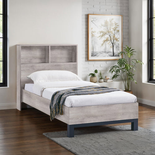 Albi Grey Oak Single Bookcase Bed Frame in a bedroom