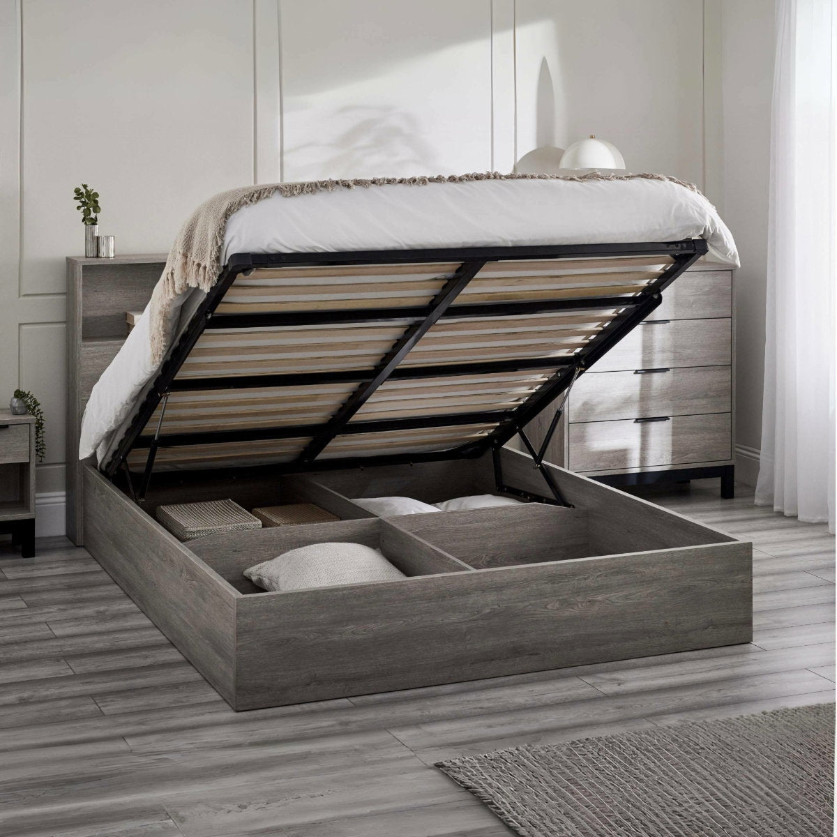 Albi Grey Oak Single Ottoman Bed with storage open