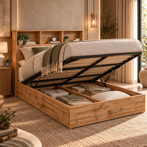 Albi Natural Oak King Size Ottoman Bed with storage open