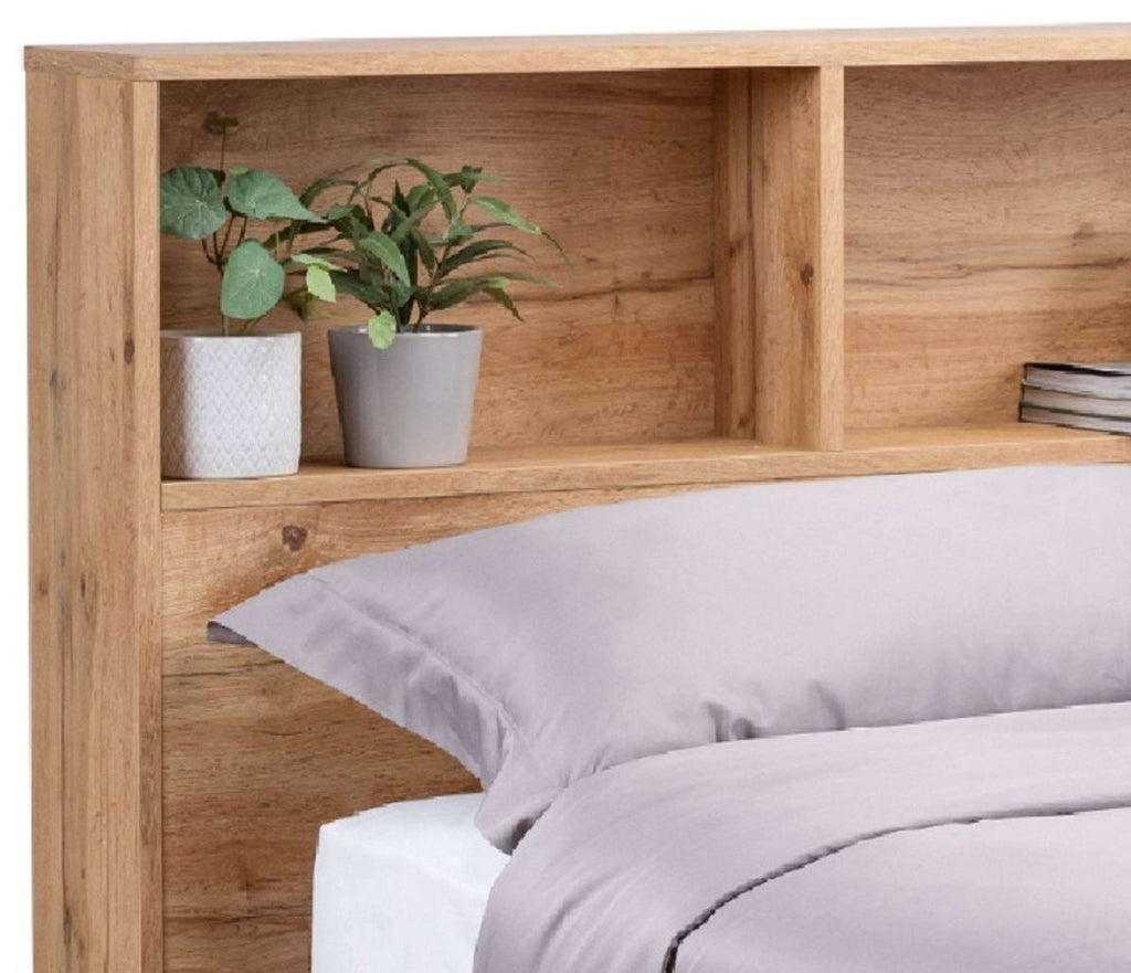 Albi Natural Oak King Size Ottoman Bed headboard shelving