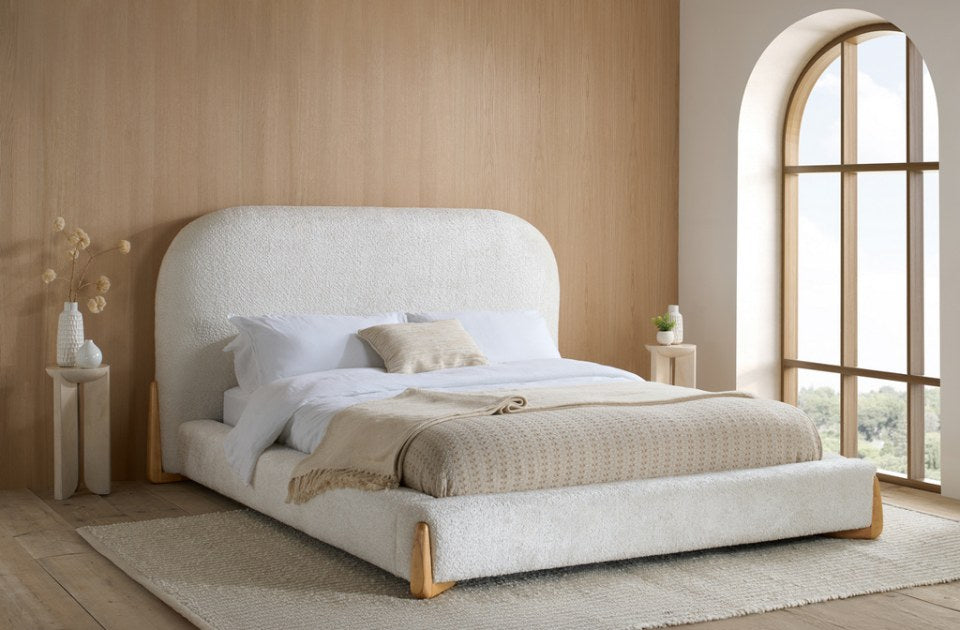 Alfred White Boucle Bed Frame in a bedroom