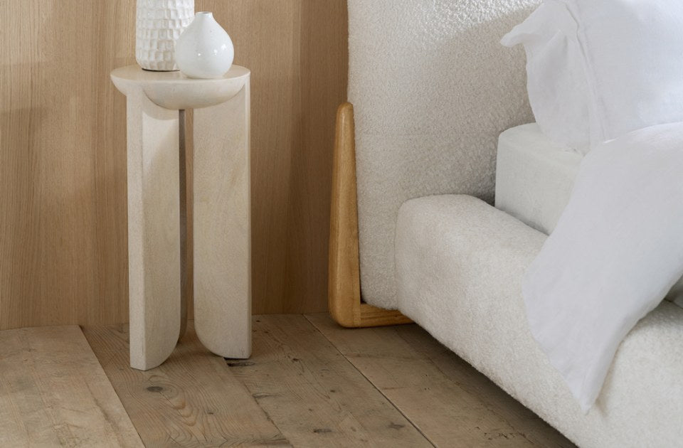 Alfred White Boucle Bed Frame corner detail