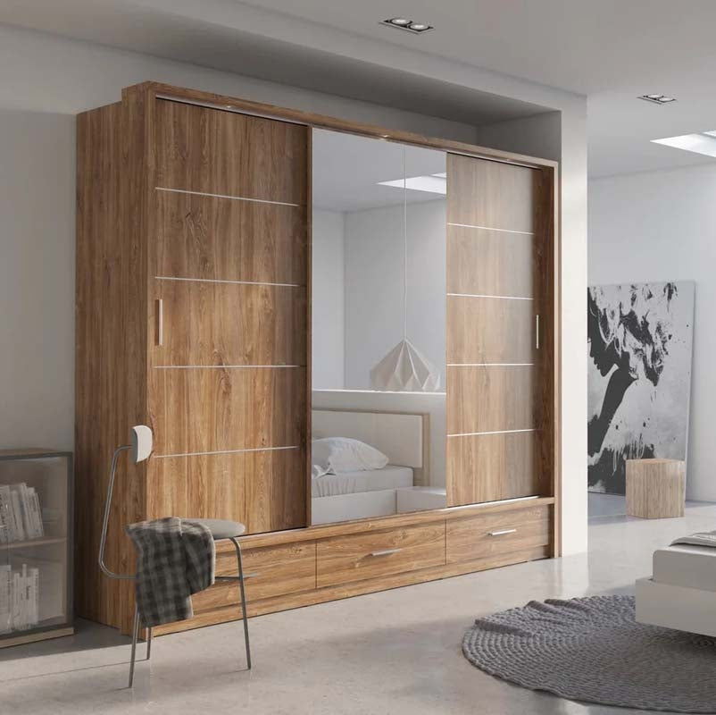 Sheffield Oak Sliding Door Wardrobe 250cm With Lights