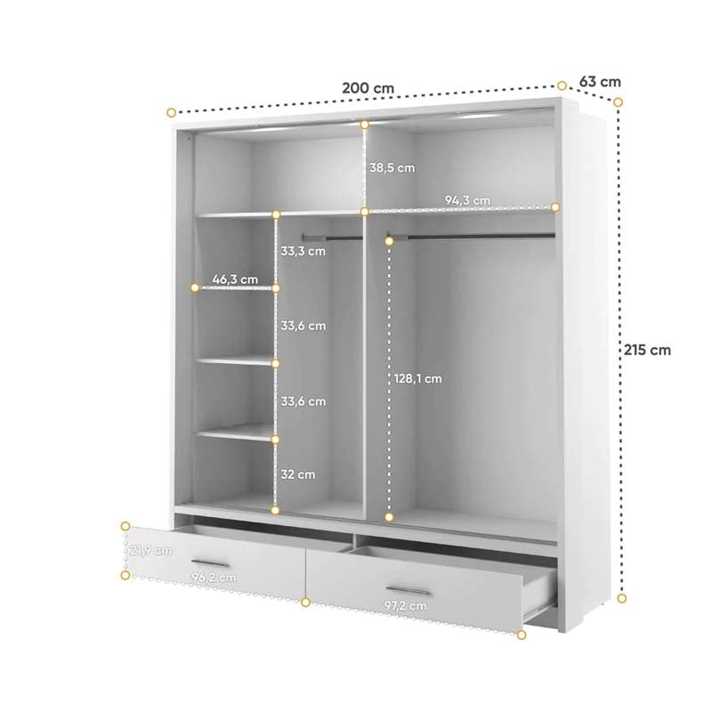 York White Sliding Door Wardrobe 200cm With Lights