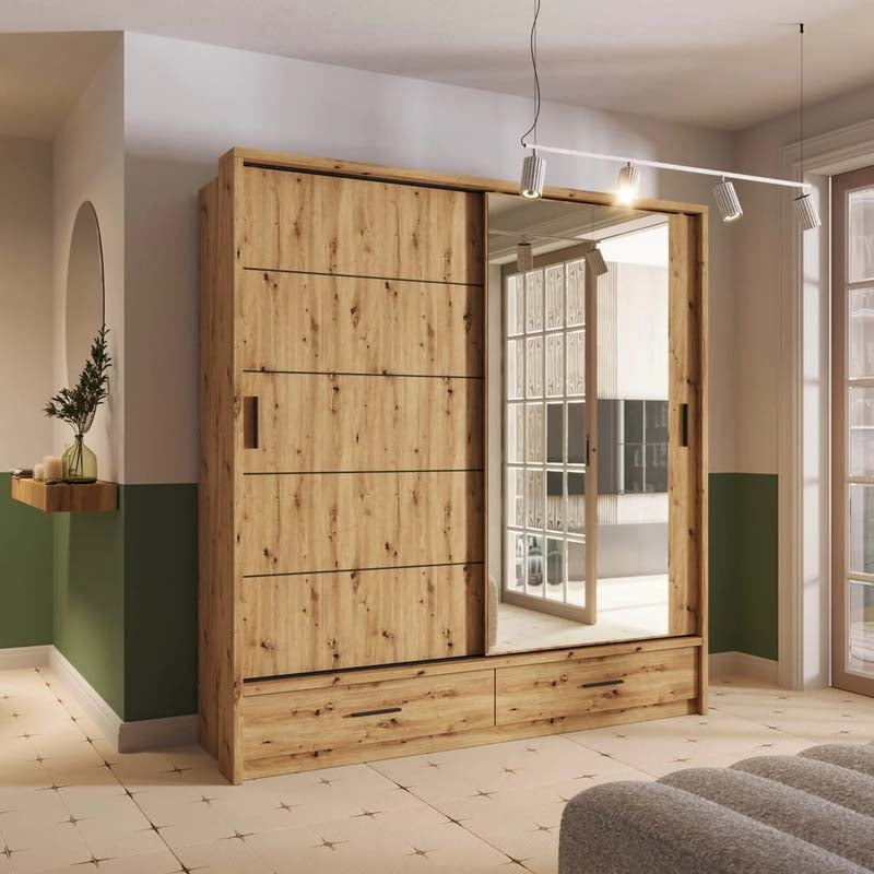 Newcastle Rustic Oak Sliding Door Wardrobe 200cm With Lights