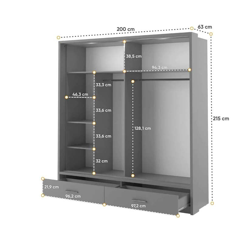 York Grey Sliding Door Wardrobe 200cm With Lights