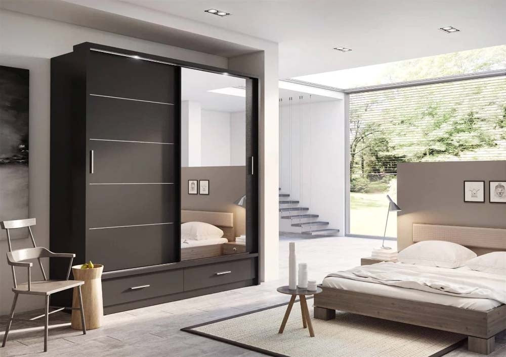 Newcastle Black Sliding Door Wardrobe 200cm With Lights
