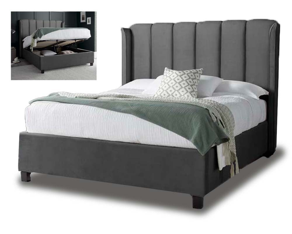 Aura Grey Velvet  Double Ottoman Bed Frame