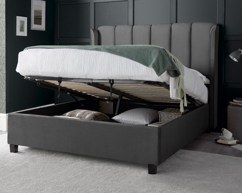 Aura Grey Velvet  Double Ottoman Bed Frame