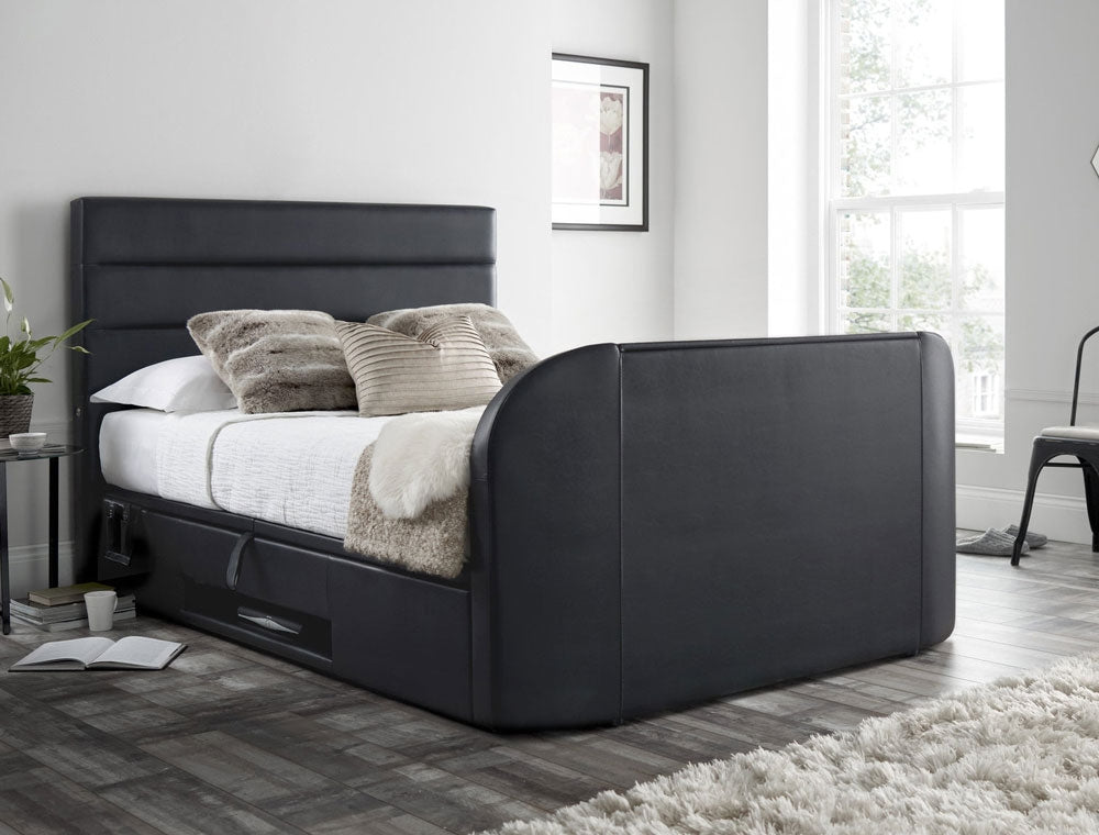 Avocet Black Leather King Size Ottoman TV Bed Frame