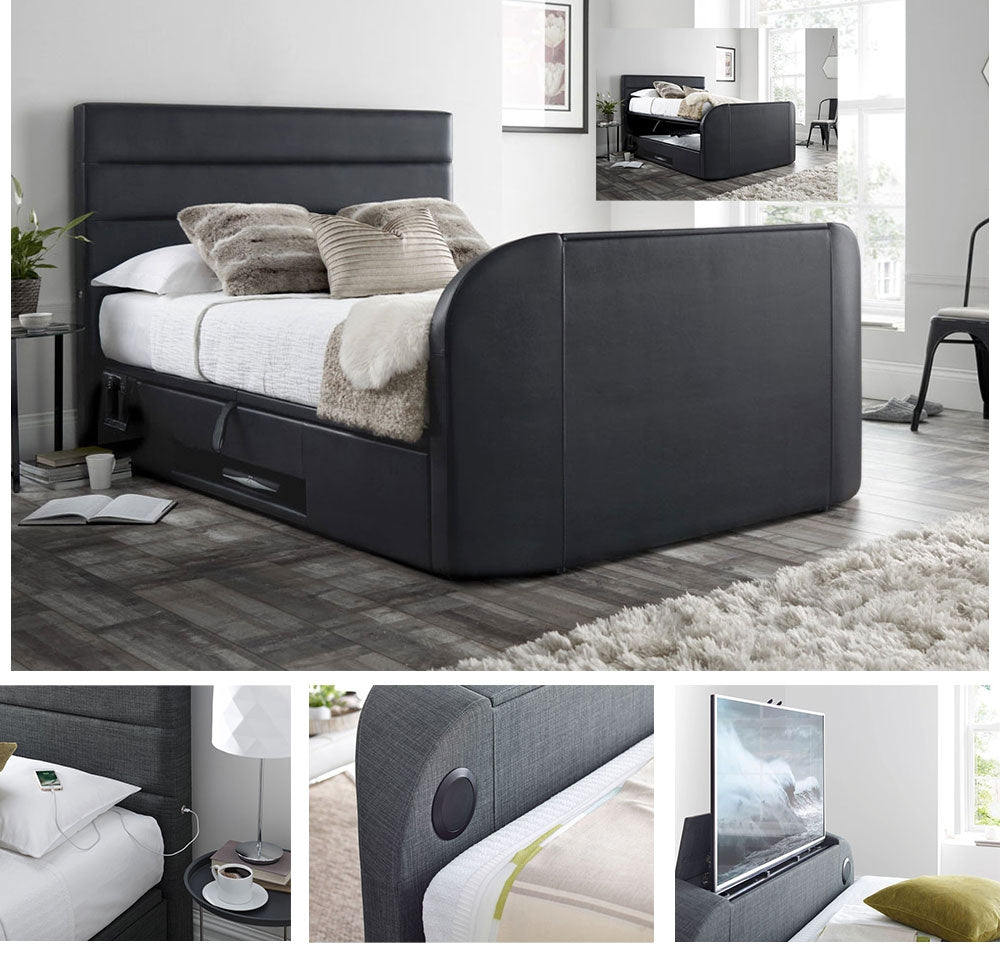Avocet Black Leather Super King Size Ottoman TV Bed Frame