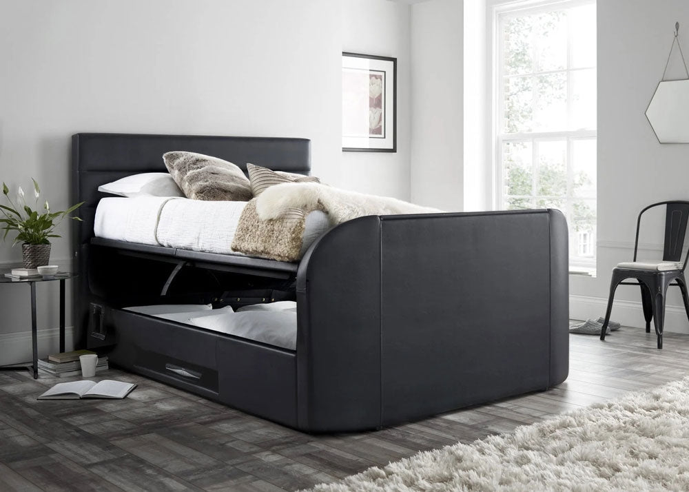 Avocet Black Leather King Size Ottoman TV Bed Frame
