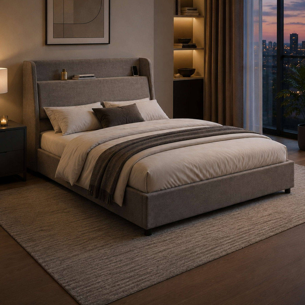 Brandon Grey Double Ottoman Bed in a bedroom