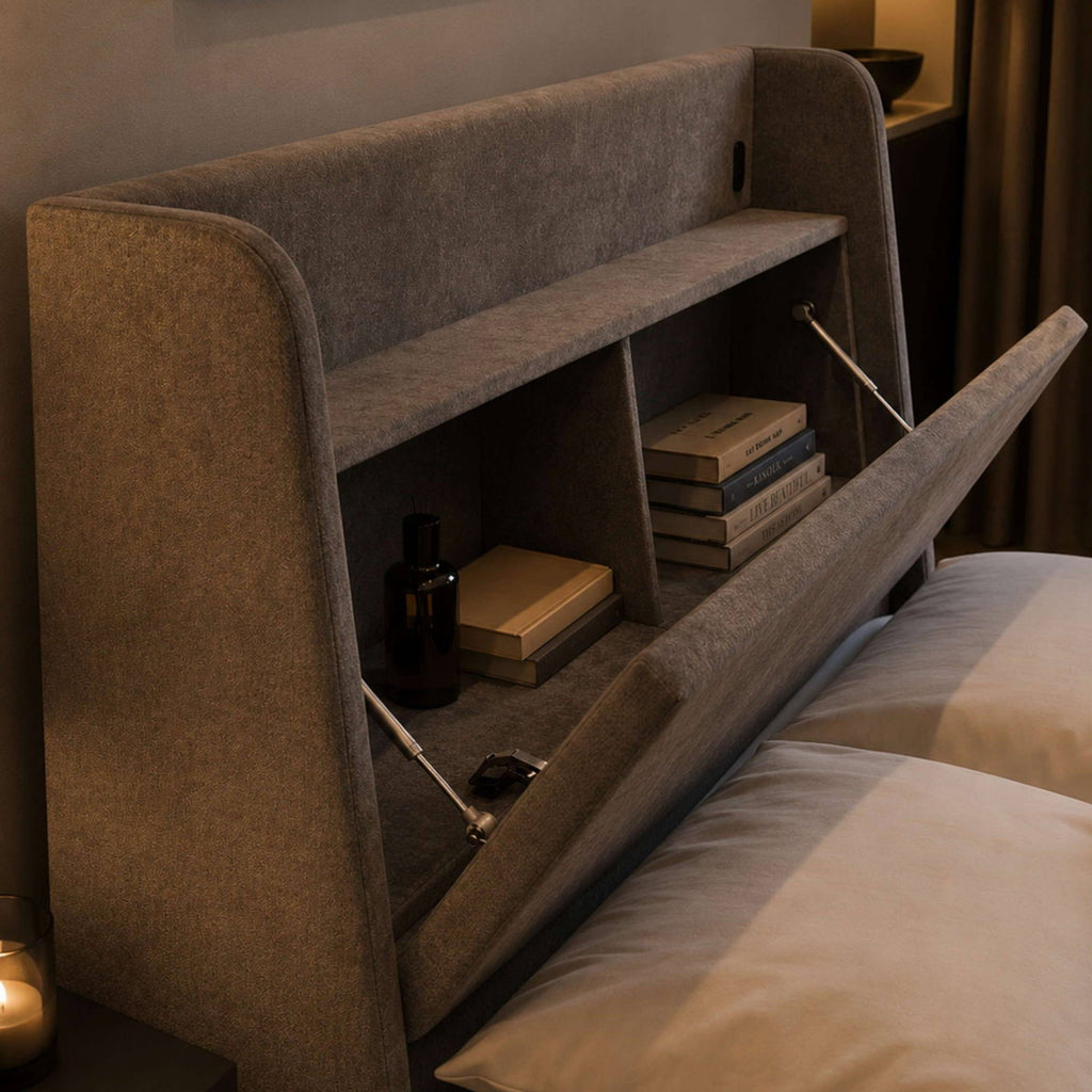Brandon headboard storage open with USB charging