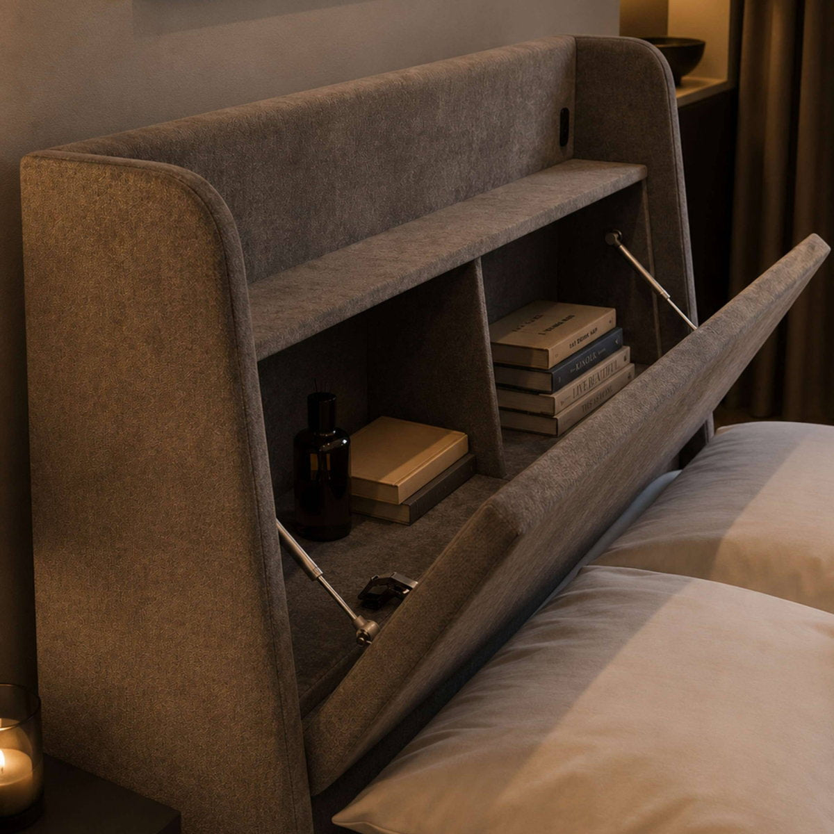 Brandon headboard storage open with USB charging