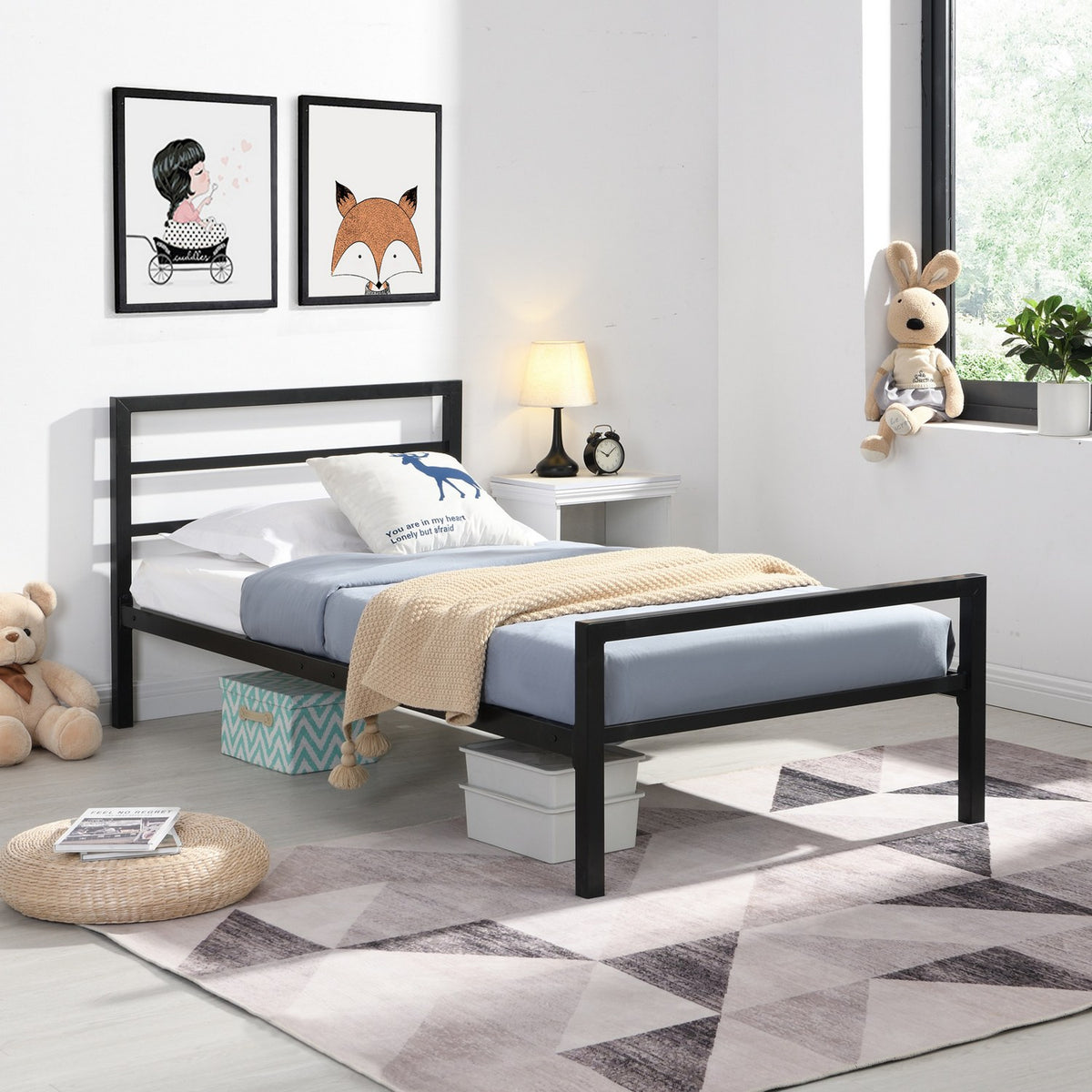Cairo Black Metal Single Bed Frame in a bedroom