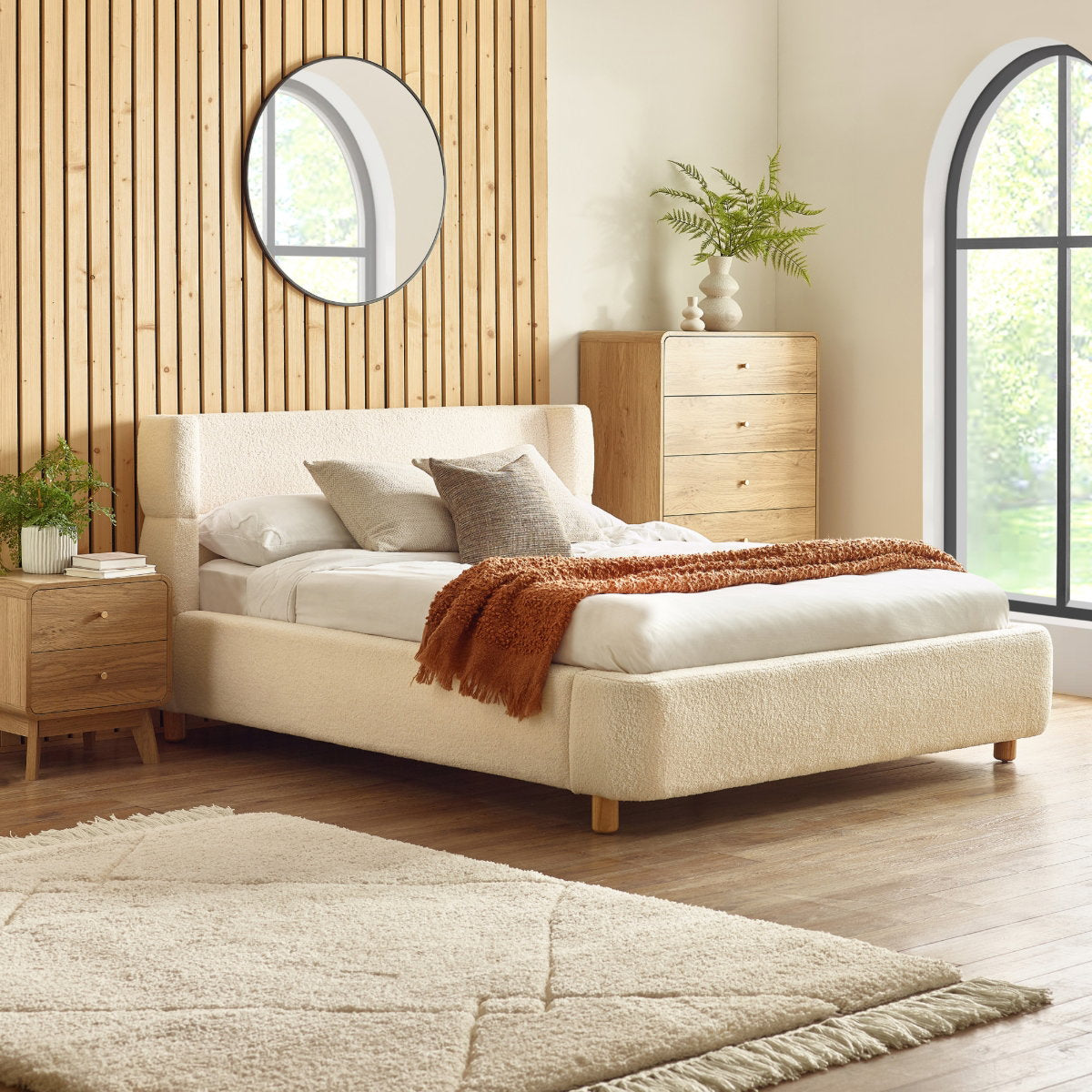 Casa Cream Boucle King Size Bed Frame in a bedroom