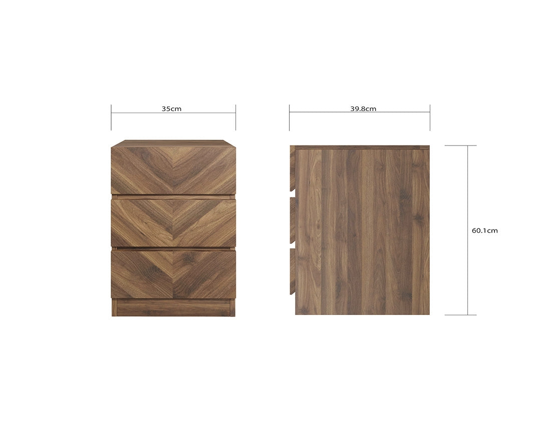 Catalan Walnut 3 Drawer Bedside