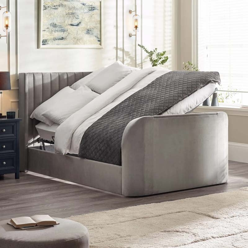 Clarke Light Grey King Size Ottoman TV Bed Frame