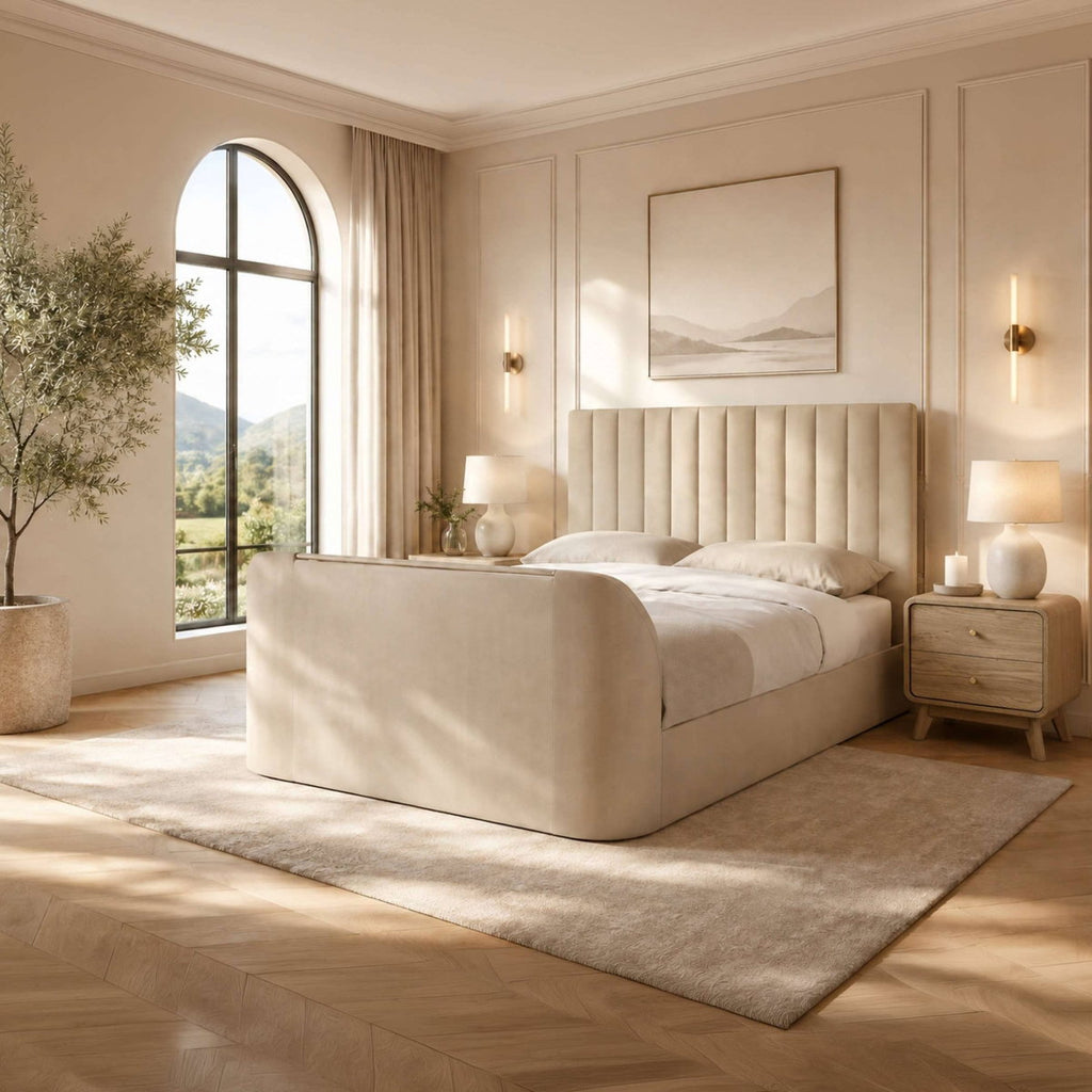 Elanor Cream Velvet King Size Ottoman TV Bed in a bedroom
