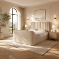 Elanor Cream Velvet King Size Ottoman TV Bed in a bedroom