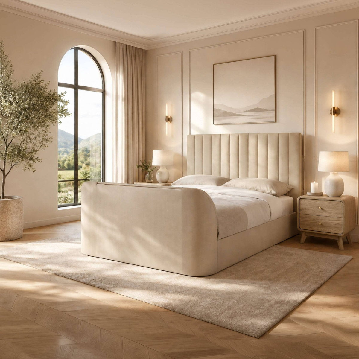 Elanor Cream Velvet King Size Ottoman TV Bed in a bedroom