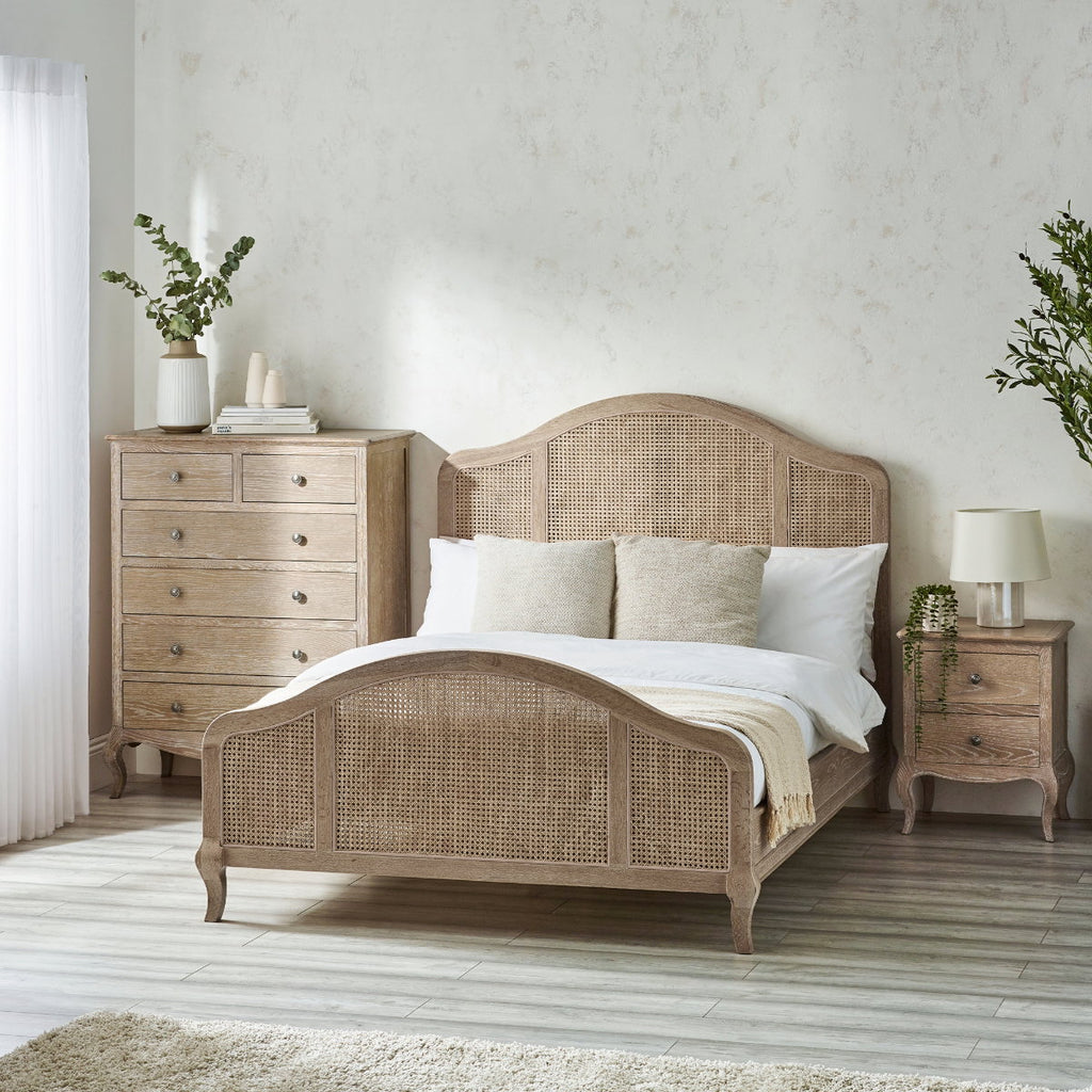 Flower Light Oak Rattan King Size Bed Frame room setting