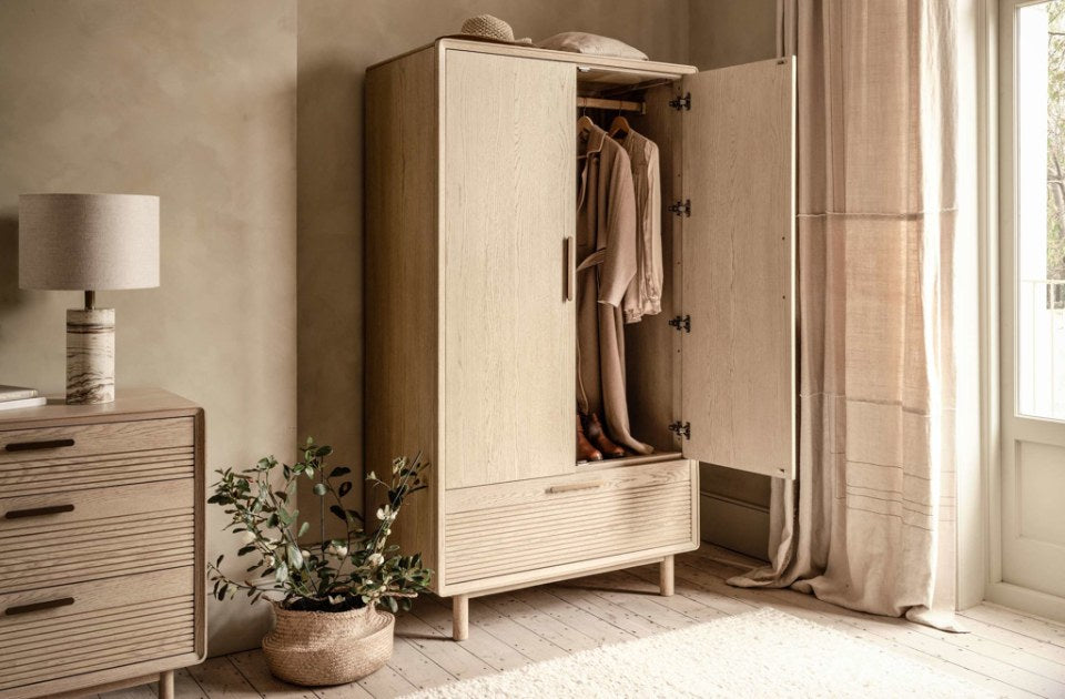 Harlem Oak 2 Door 1 Drawer Wardrobe open in a bedroom