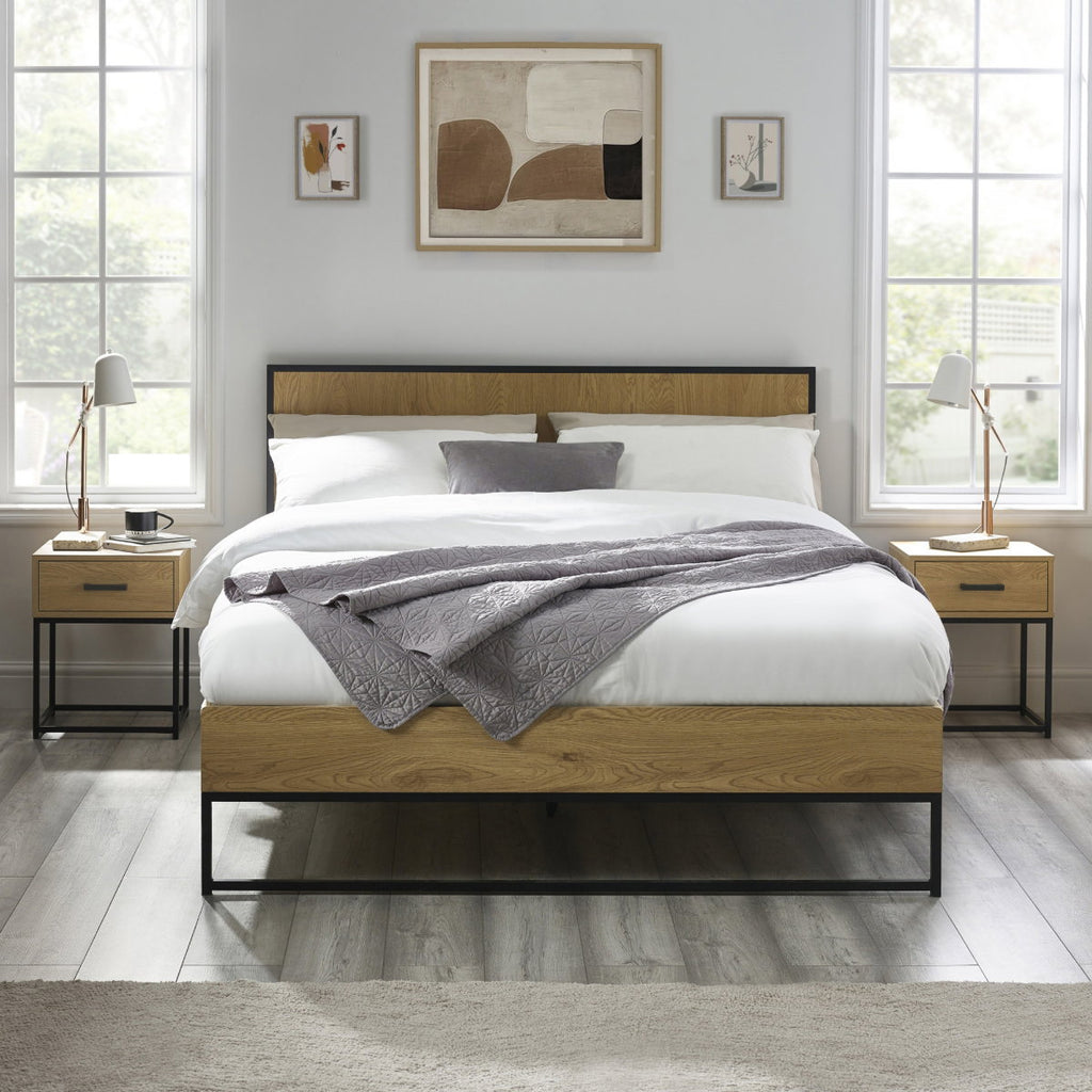 Harlic Oak Effect Double Bed Frame in a bedroom