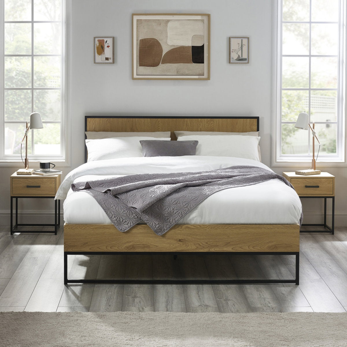 Harlic Oak Effect Double Bed Frame in a bedroom