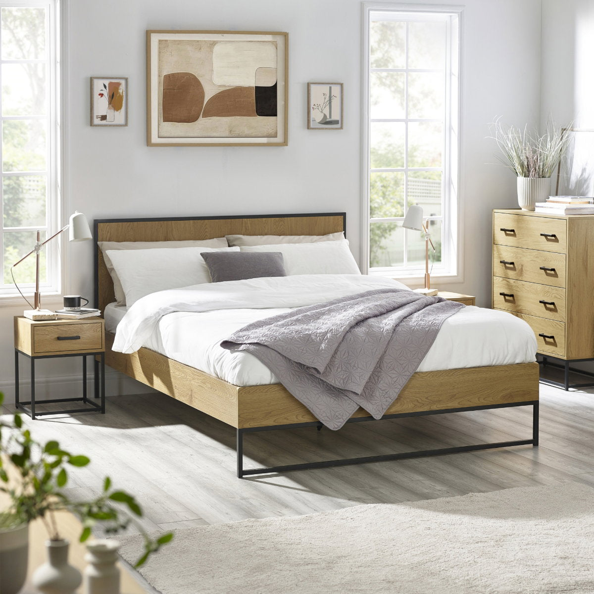 Harlic Oak Effect Double Bed Frame room setting