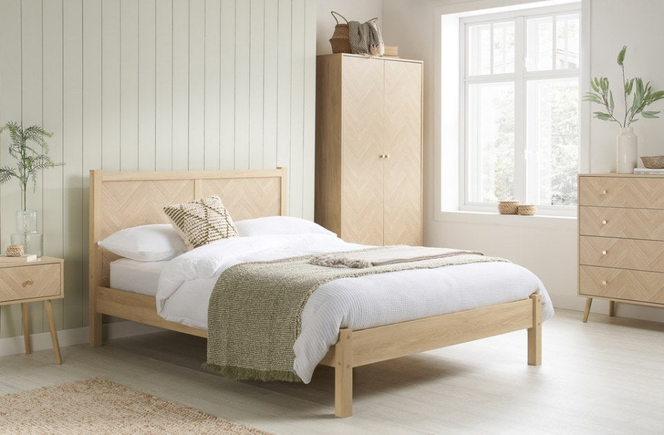 Hemmingway Oak Bed Frame in a bedroom