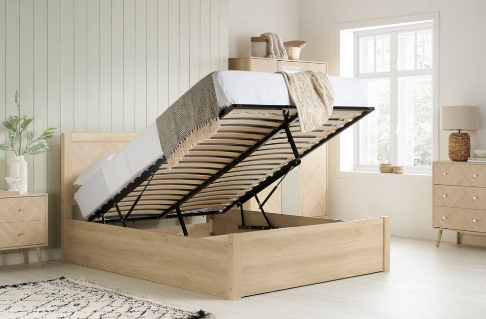 Hemmingway Oak Ottoman Bed opened in a bedroom