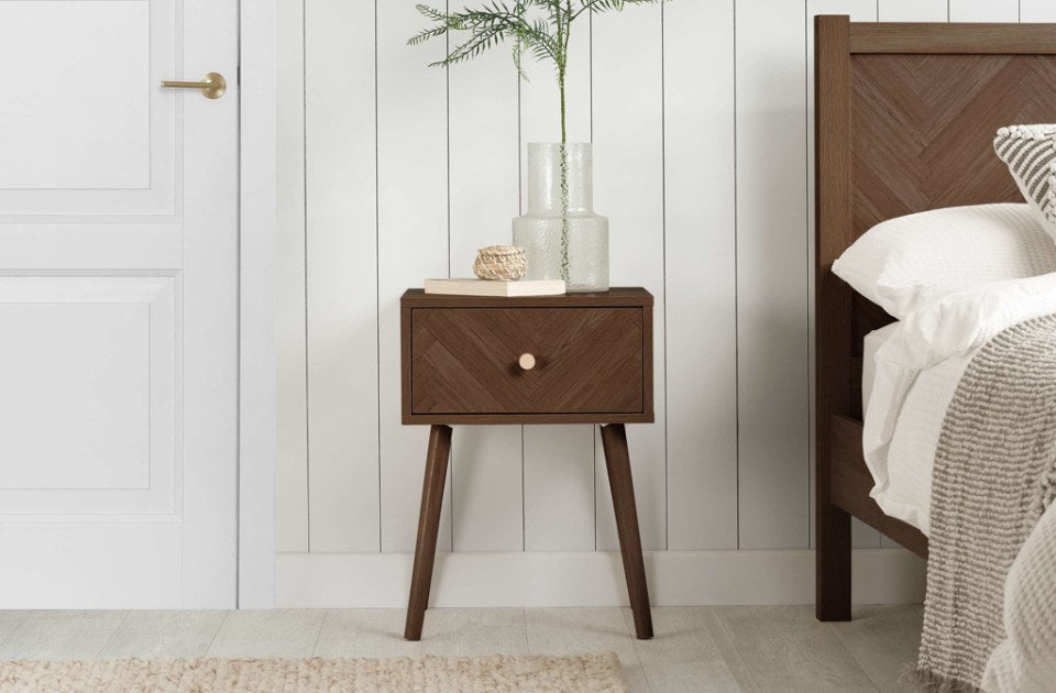 Hemmingway Walnut 1 Drawer Bedside in a bedroom
