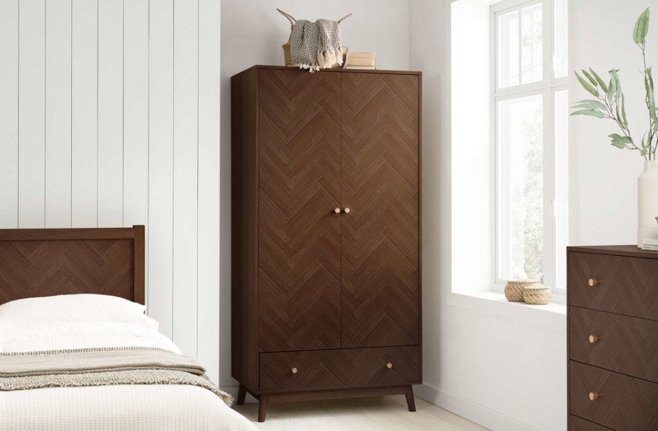 Hemmingway Walnut 2 Door 1 Drawer Wardrobe in a bedroom