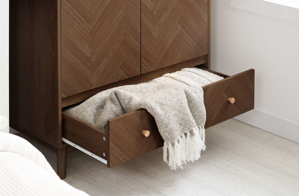 Hemmingway Walnut 2 Door 1 Drawer Wardrobe with drawer open