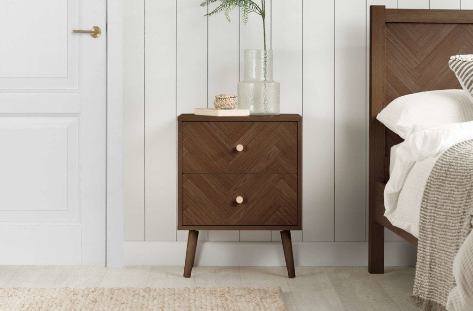 Hemmingway Walnut 2 Drawer Bedside in a bedroom