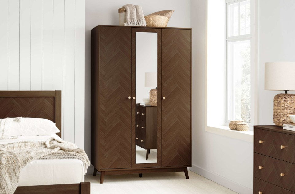 Hemmingway Walnut 3 Door Wardrobe With Mirror in a bedroom