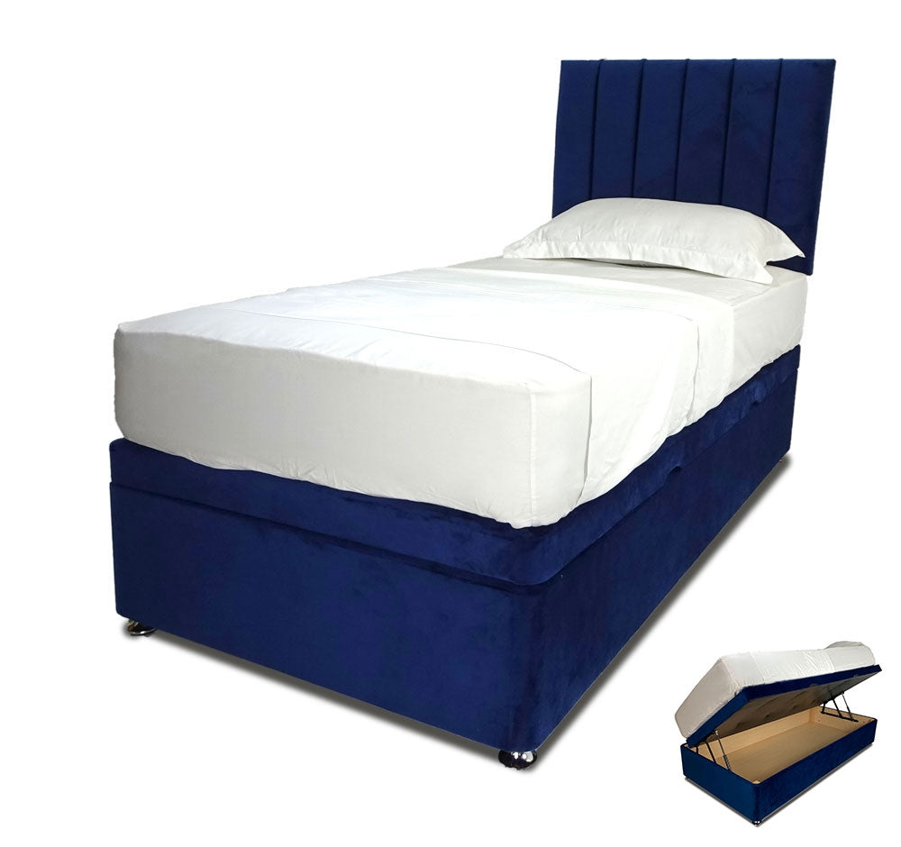 Marine Blue Single Side Lift Ottoman Divan Base With Horizon Headboard