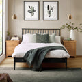 Label Black Oak Spindle Double Bed Frame in a bedroom