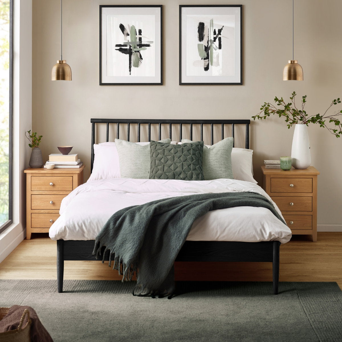 Label Black Oak Spindle Double Bed Frame in a bedroom