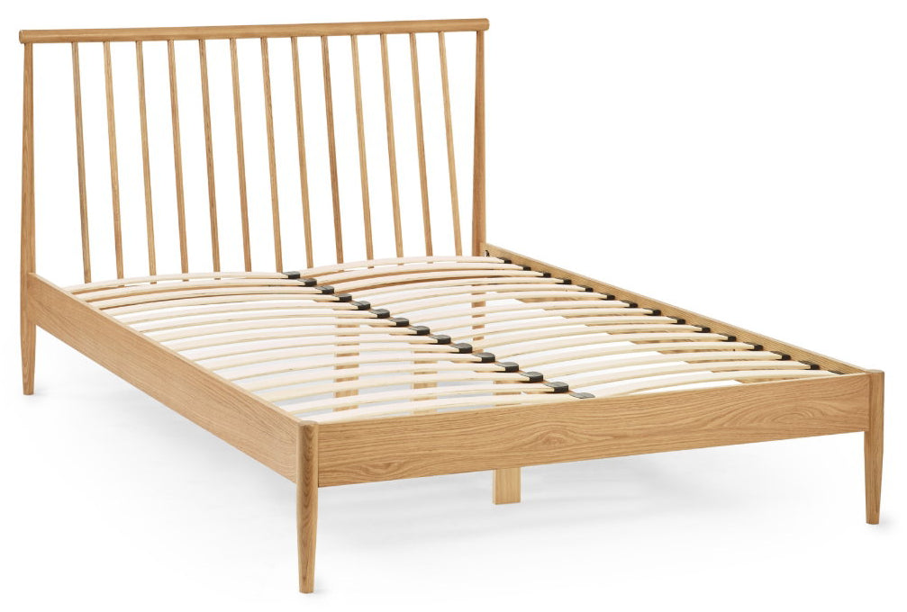Label Solid Oak Spindle Double Bed Frame with bedding